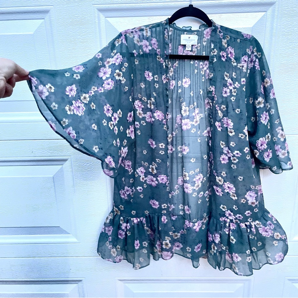 XS/S American Eagle Outfitters BOHO kimono coverup teal floral sheer ruffle robe
